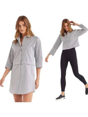 VETTA Convertible Black White Striped Shirt Dress
